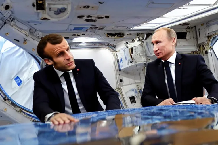 Prompt: macron and putin have a meeting, floating in the space station, long table