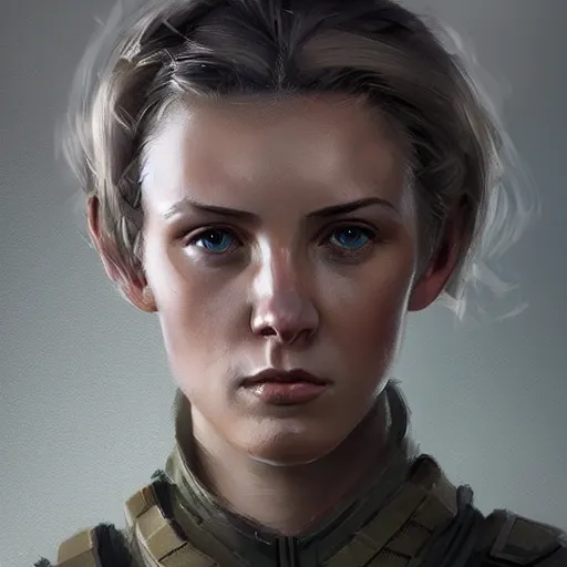 Image similar to Portrait of a woman by Greg Rutkowski, she is about 20 years old, athletic tomboy, attractive, military composure, short blonde hair, russian, she is wearing futuristic military fatigues, highly detailed portrait, digital painting, artstation, concept art, smooth, sharp foccus ilustration, Artstation HQ.