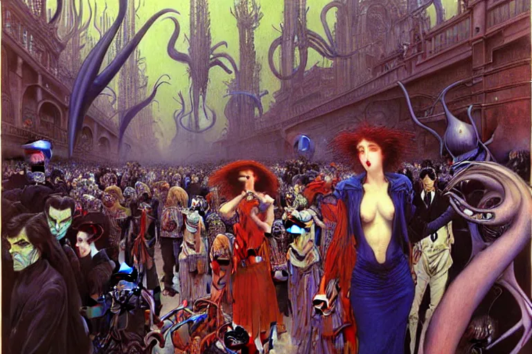 Image similar to realistic extremely detailed portrait painting of an elegant vampire in a crowded futuristic street, detailed alien crowd in the background by Jean Delville, Amano, Yves Tanguy, Alphonse Mucha, Mark Brooks, Ernst Haeckel, Edward Robert Hughes, Roger Dean, rich moody colours, blue eyes