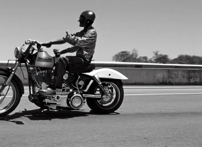 Image similar to harley - davidson shopper driving on a highway, sunny day 1 9 7 2