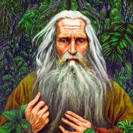 Image similar to a high detailed hyper-detailed painting of an old psychedelic and mystical hermit with white hair and a long beard, his skin has wrinkles and striking textures, he has an open third eye and is in a fantastic forest with magical creatures like sylphs, elves and elves