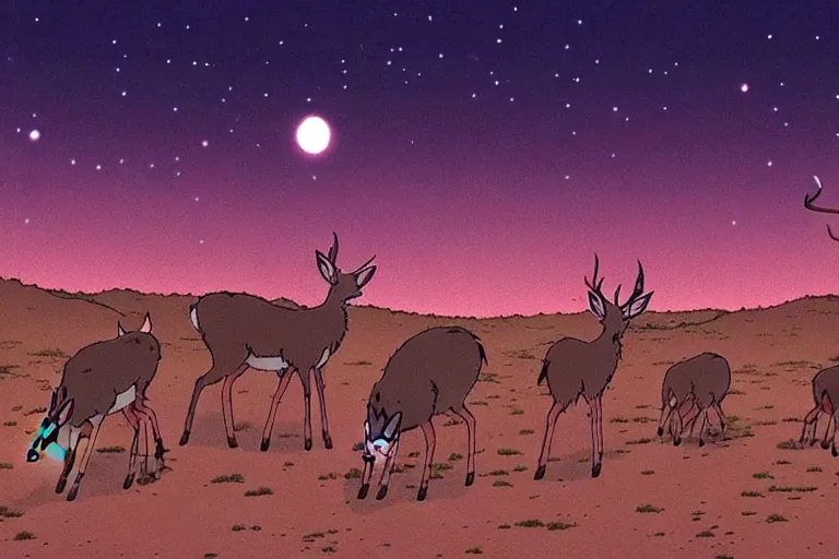 Prompt: a still from a studio ghibli film of a group of deer looking up at an alien ufo from princess mononoke ( 2 0 0 4 ) at night on a desert road, full body, wide shot, very muted colors, post grunge, studio ghibli, laurie greasley, highly detailed, deviantart, art by artgem