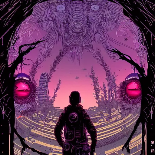 Image similar to Stunningly intricate illustration of single cyberpunk explorer overlooking lush forest, highly detailed, midnight, small glowing orbs by Josan Gonzalez and Dan Mumford , Moebius, Laurie Greasley