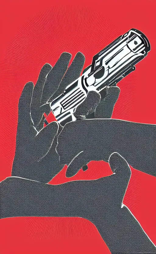 Image similar to “ hand in glove holding laser gun from the side, geometric, retro, digital art, award winning ”