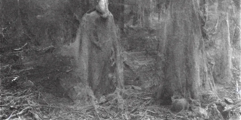 Image similar to scary unproportionable tall ghost creature in the middle of a trench, ghost, 1900s picture