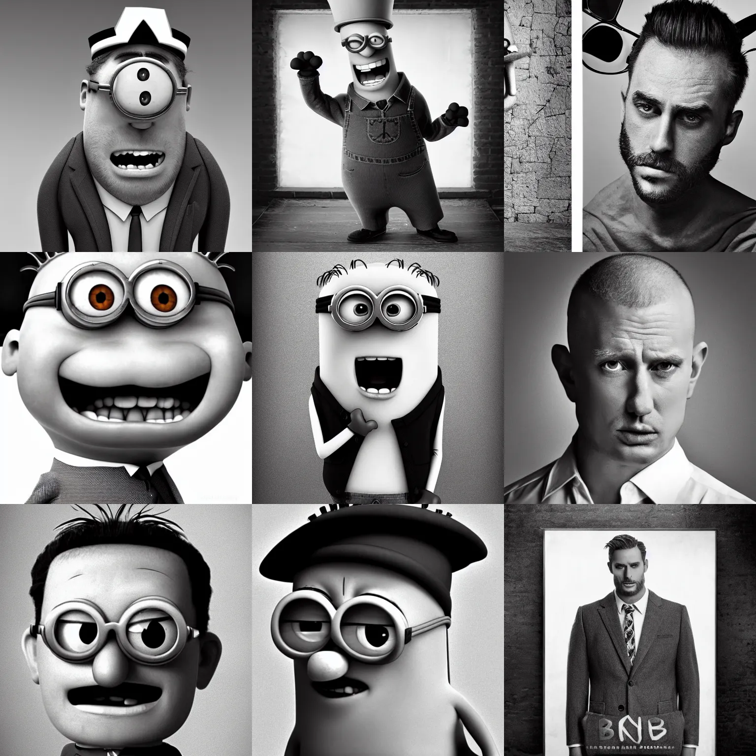 Prompt: !!! king bob!!! from minions as!!! gigachad!!!. grayscale photography, in the style of men's clothing modeling photography, high detail, 8 k resolution