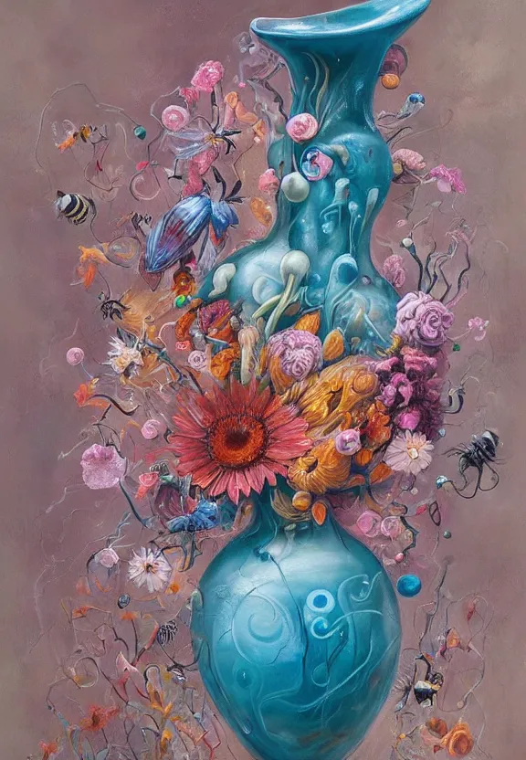 Image similar to a biomorphic painting of a vase with flowers and eyeballs in it, a surrealist painting by marco mazzoni, by dorothea tanning, pastel blues and pinks, bees, featured on artstation, metaphysical painting, oil on canvas, fluid acrylic pour art, airbrush art, seapunk, rococo, lovecraftian