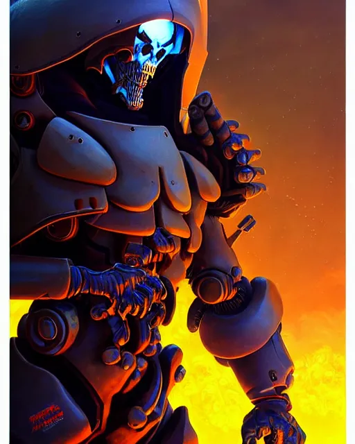 Image similar to reaper from overwatch, character portrait, portrait, close up, concept art, intricate details, highly detailed, vintage sci - fi poster, retro future, in the style of chris foss, rodger dean, moebius, michael whelan, and gustave dore