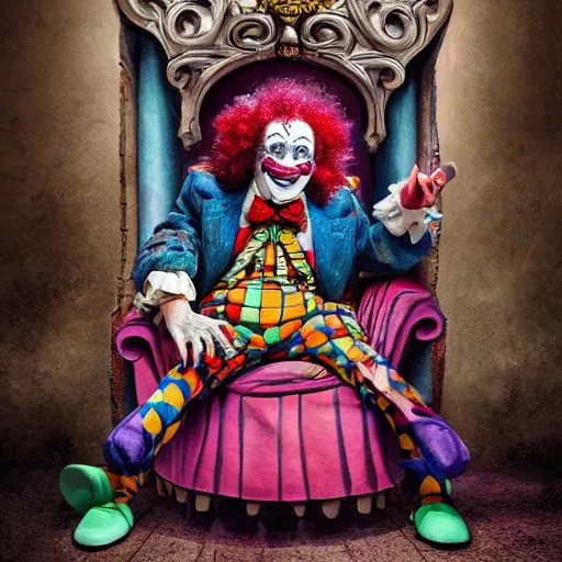 Prompt: krusty the clown wearing bizarre clown makeup, and intricate clown costume, sitting on a throne in an abandoned subway, by rossdraws, vivid colors, studio lighting, digital artwork, uhd, best of artstation