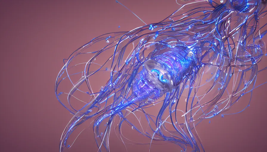 Prompt: Cybernetic Jellyfish with Blue Pulsating strands of light, Digital Art, Rendering, Octane, Redshift