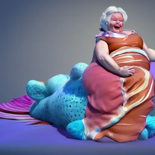 Prompt: of a very funny scene. ambient occlusion render. a sweet fat old woman is giving a birth to a huge colorful fish. flowery dress. mirror. symmetrical face, red mouth, blue eyes. deep focus, lovely scene. ambient occlusion render. concept art. unreal engine.