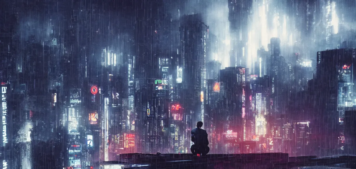 Image similar to shot of the roof with single man sitting on the edge during rain, below impressive cyberpunk night city during great rainy storm with lightning, nightscape, futuristic architecture, realistic photo, neons, blade runner, akira style, cinematic lighting, cinematic angles