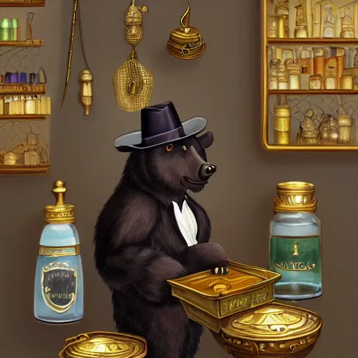 Image similar to Anthropomorphized black bear trader in his shop, selling his wares, portrait, items, gold, magic potions, carpet, window, fancy hat, sly expression , cunning expression, cute expression, long thick shiny gold beak, presenting wares, holding a gold bag, D&D, fantasy, cinematic lighting, highly detailed, digital painting, artstation, concept art, smooth, sharp focus, illustration, warm light, cozy warm tint, magic the gathering artwork, volumetric lighting, 8k, art by Akihiko Yoshida, Greg Rutkowski