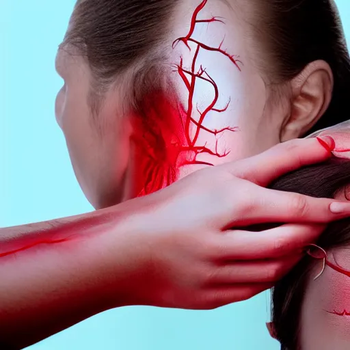 Image similar to headache being physically pulled out of a girl's head, red veins being pulled out of forehead, surreal photograph