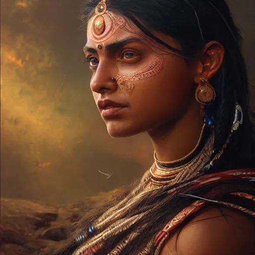 Image similar to portrait painting of a muscular indian girl, ultra realistic, concept art, intricate details, eerie, highly detailed, photorealistic, octane render, 8 k, unreal engine. art by artgerm and greg rutkowski and alphonse mucha