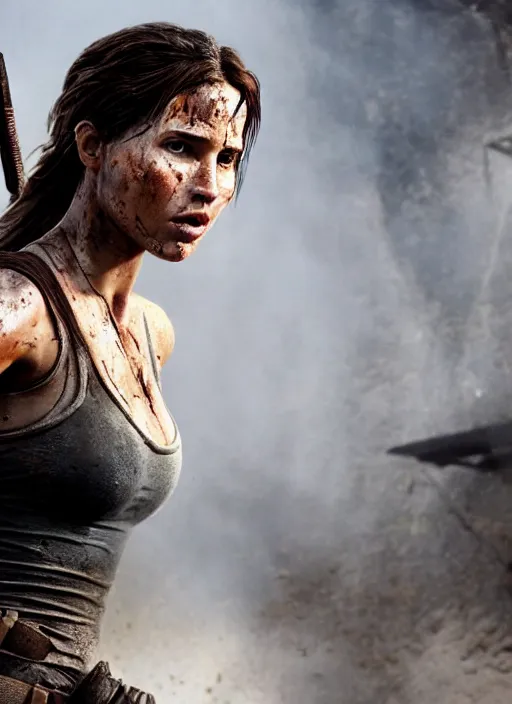 Image similar to a film still of lara croft as russian evading explosions, her face muddy and sweat, direct sun light, close up potrait, cinematic,