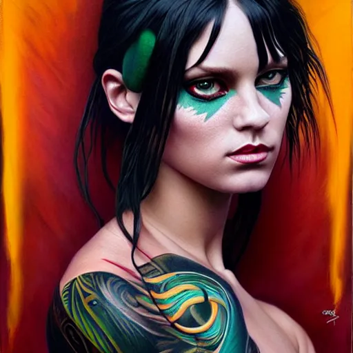 Image similar to ultra realistic portrait painting of a perfect beautiful woman green eyes black hair, neck tribal snake tattoo, painted by Tristan Eaton Stanley Artgerm and Tom Bagshaw