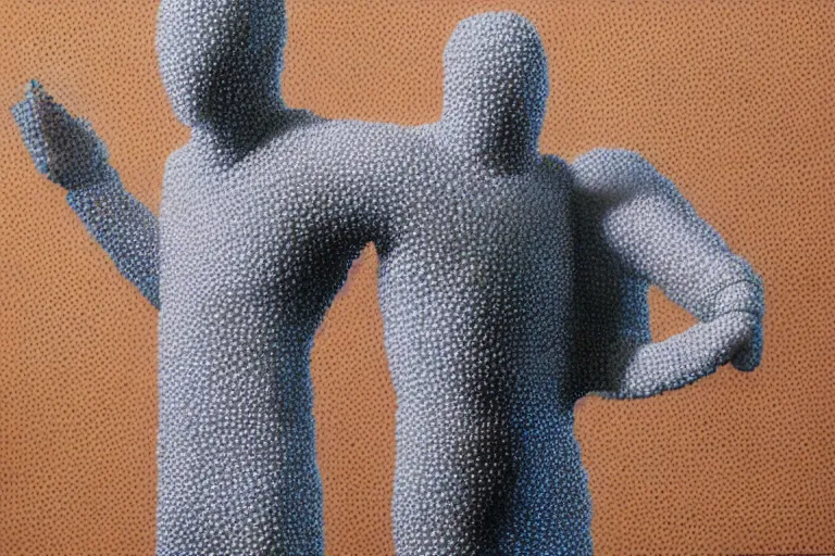 Prompt: a scene depicting a character wearing a diy suit made from foam, pointillism, super detailed, soft light