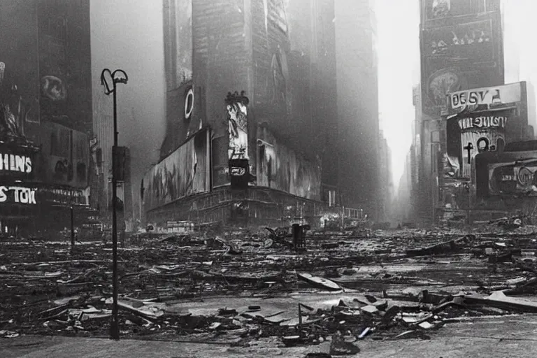 Image similar to dark photo of an destroyed times square after a nuclear attack, thunderstorm, pictorialism, desolate