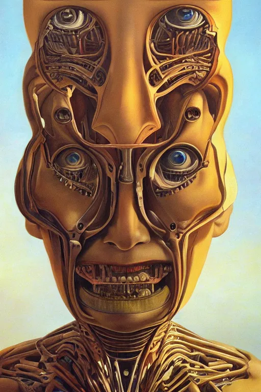 Prompt: beautiful oil painting portrait of biomechanical woman face connected to the machine by chesley bonestell, wayne barlowe, complex, stunning, realistic skin color, 4 k, high res, awardwinning, masterpiece, realistic lighting