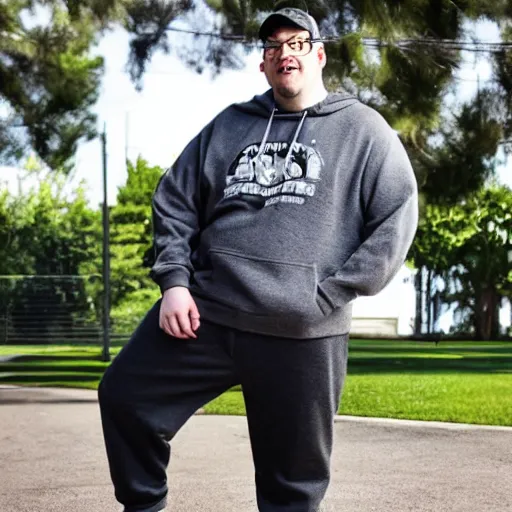 Prompt: Rocco Botte wearing gray sweatshirt and gray sweatpants and white sneakers on a suburban residential street