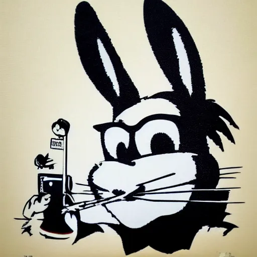 Image similar to individual furry bugs bunny silk screen portrait banksy style