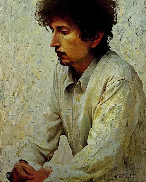 Image similar to painterly portrait, Bob Dylan, impasto, fantasy, chuck close:7, carl spitzweg:7, cinematic light, full face, symmetrical face