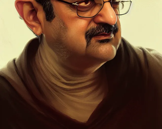 Prompt: portrait of salman rushdie, deep focus, d & d, fantasy, intricate, elegant, highly detailed, digital painting, artstation, concept art, matte, sharp focus, illustration, hearthstone, art by artgerm and greg rutkowski and alphonse mucha