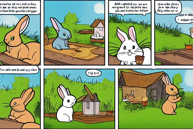 Image similar to a rabbit and a cat dressed in cottagecore living in a cottage, the rabbit has a vegetable garden and the cat is fixing the roof, comic book art style, pictures in sequence, storyboarding, speech bubbles