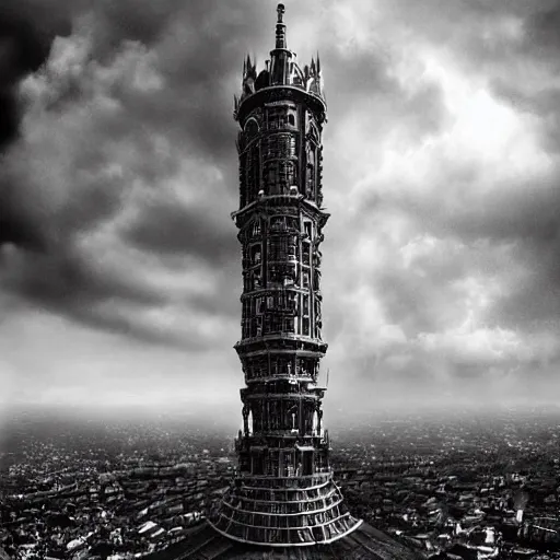 Image similar to an ultra detailed black and white matte painting of a lonely and impossibly tall ominous dark tower elevated high above the city, on an isolated plateau island in a river elevated high above the city fortress tower, fantasy capital city, ultrawide lense, aerial photography, volumetric lighting, exquisite detail, 8 k, art by artgerm and greg rutkowski and alphonse mucha