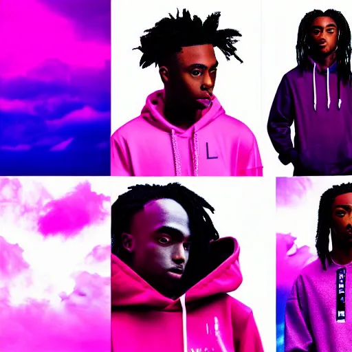 Image similar to a photoshoot of a new clothing line named die lit, 8 k concept art, colorful, color splash, detailed, clouds, vivid, purple - pink skies, professional, cinematic lighting, detailed faces