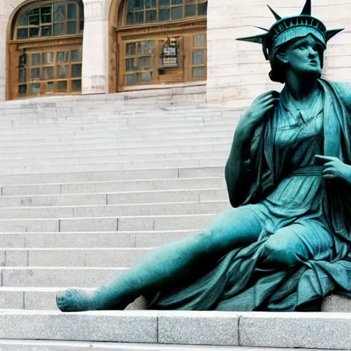 Image similar to liberty statue sitdown pose, very convincing