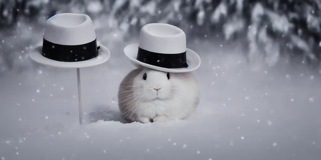 Image similar to white rabbit wearing a fedora chilling in the snow, digital art, realistic, 4K