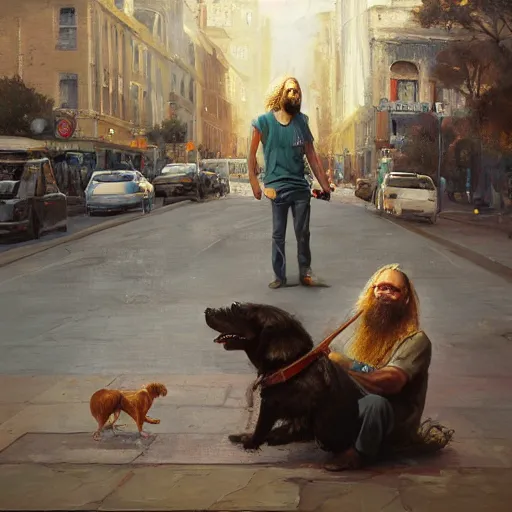 Image similar to oil painting of a young man with long hair blond and a beard hippie style with his golden retrever dog playing guitar in the square for money, people watching around, by greg rutkowski, artstation