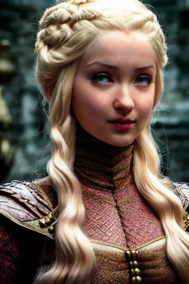 Prompt: very very intricate photorealistic photo of a realistic human version of princess peach in an episode of game of thrones, photo is in focus with detailed atmospheric lighting, award - winning details