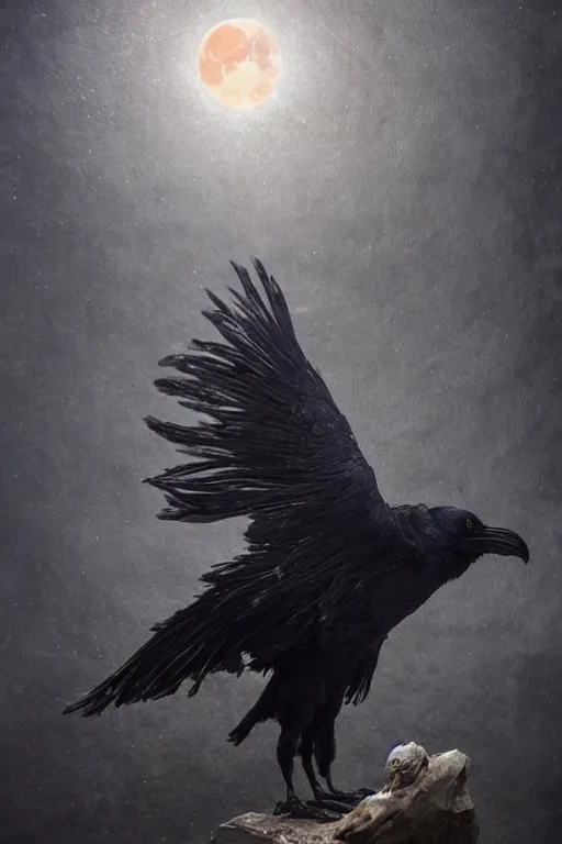 Image similar to Intricate stunning highly detailed surreal ravens by agostino arrivabene and Seb McKinnon, sculpture, ultra realistic, Horror, dramatic lighting, full moon, blood moon, thick black swirling particle smoke tornado, fire embers, trending on artstation