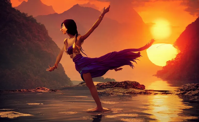 Prompt: Himalayan woman dancing on water, tropical sci fi fashion, sunset, dramatic angle, dynamic pose, 8k hdr pixiv dslr photo by Makoto Shinkai ilya kuvshinov and Wojtek Fus