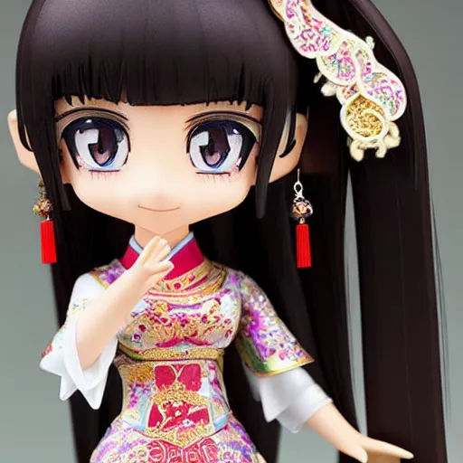 Image similar to cute and gorgeous asian girl in a pretty intricate chinese dress, beautiful symmetrical eyes, nendoroid face symmetry