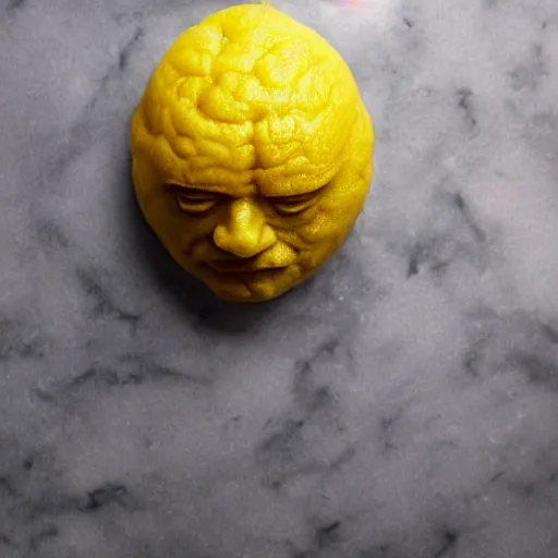 Image similar to a lemon sculpted in the shape of Dwayne Johnson's head