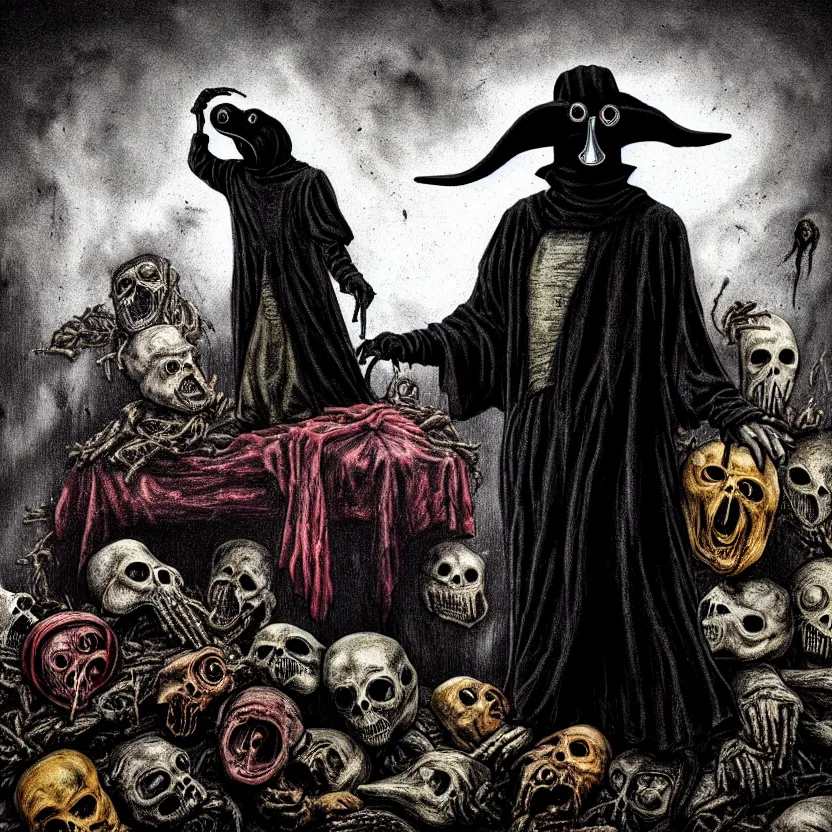 Image similar to plague doctor standing over a pile of decomposing corpses, a screaming man half - eaten by maggots, by dario argento and david cronenberg, fear, morbid, nightmare, supernatural, 8 k, digital art, highly detailed, ( ( ( ( very colorful ) ) ) ), chiaroscuro, creepy, terrifying