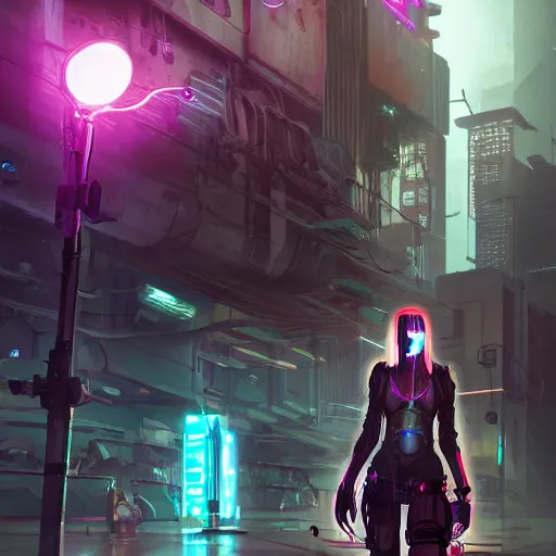 Image similar to jinx, cyberpunk, concept art, artstation, detailed, dramatic lighting, cyber - city background