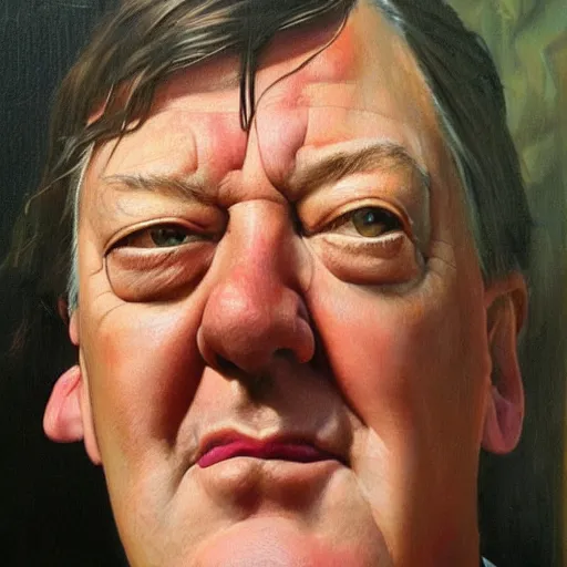 Prompt: close up face of a extremely beautiful Stephen Fry portrait, masterpiece painting, oil on canvas, artgerm, norman rockwell, craig mulins, trending on pxiv