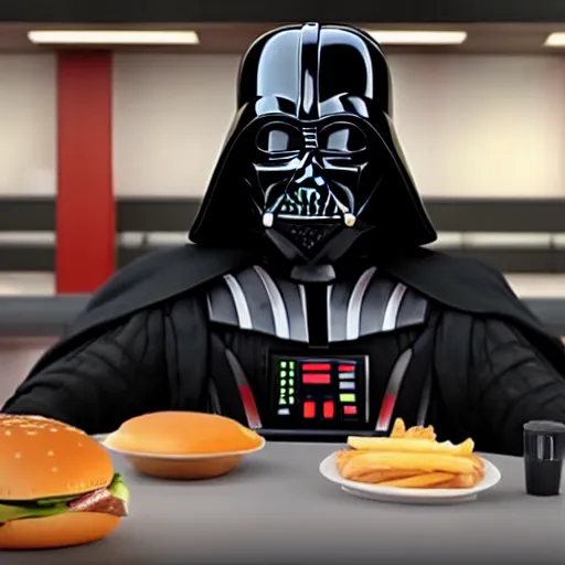 Image similar to A still of Darth Vader eating at McDonalds, 4k, photograph, ultra realistic, highly detailed, professional lighting