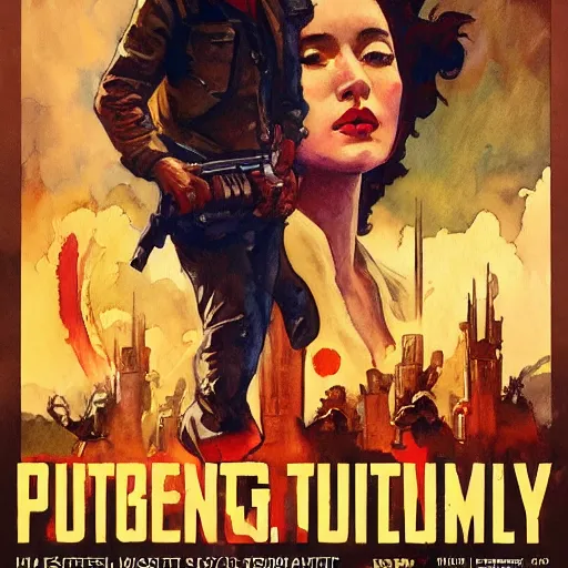 Prompt: vintage movie poster art for pubg by greg manchess, mucha, kandinsky touches, watercolor, in style of rococo, sharp focus, artstation, cinematic lighting, hyper realism, octane render, epic, award - winning, 8 k, hyper detailed.