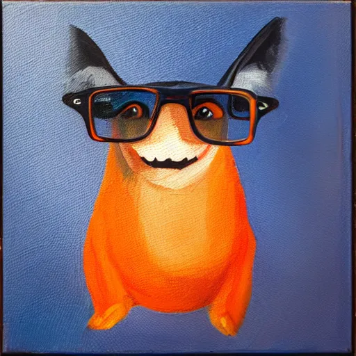 Prompt: An orange bat wearing square glasses and smiling, low key oil painting, sigma 85/1.2 portrait