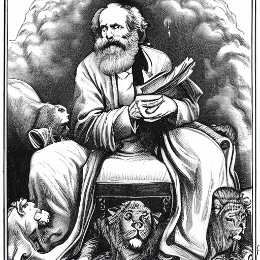 Image similar to Possessed Karl Marx prevents a thousand giant lions from eating Earth, space photography