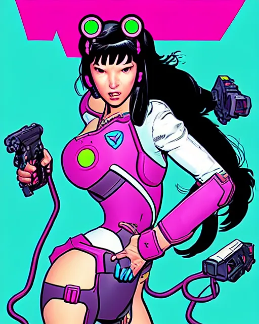 Image similar to d. va from overwatch, comic book cover, in the style of richard corben, ryan ottley, dave gibbons, todd mcfarlane, bernie wrightson