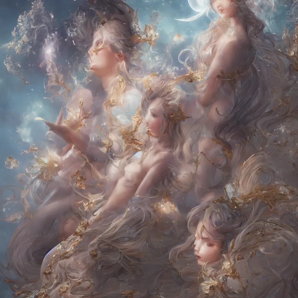 Prompt: moon goddess, lunar princess, by stanley artgerm lau, wlop, rossdraws, james jean, andrei riabovitchev, marc simonetti, and sakimichan, trending on artstation, hyperrealist, cinema 4 d, 8 k highly detailed