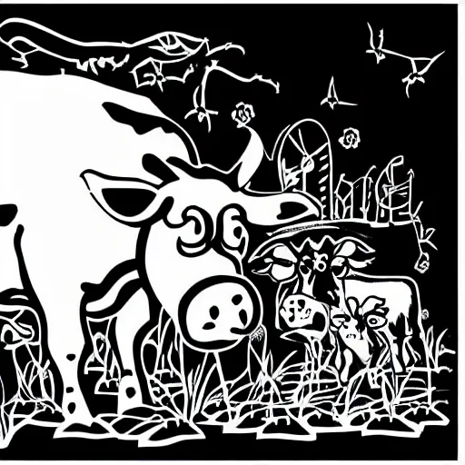 Image similar to belzebub, cow, pig, sheep, chicken, white on black vector ink drawing