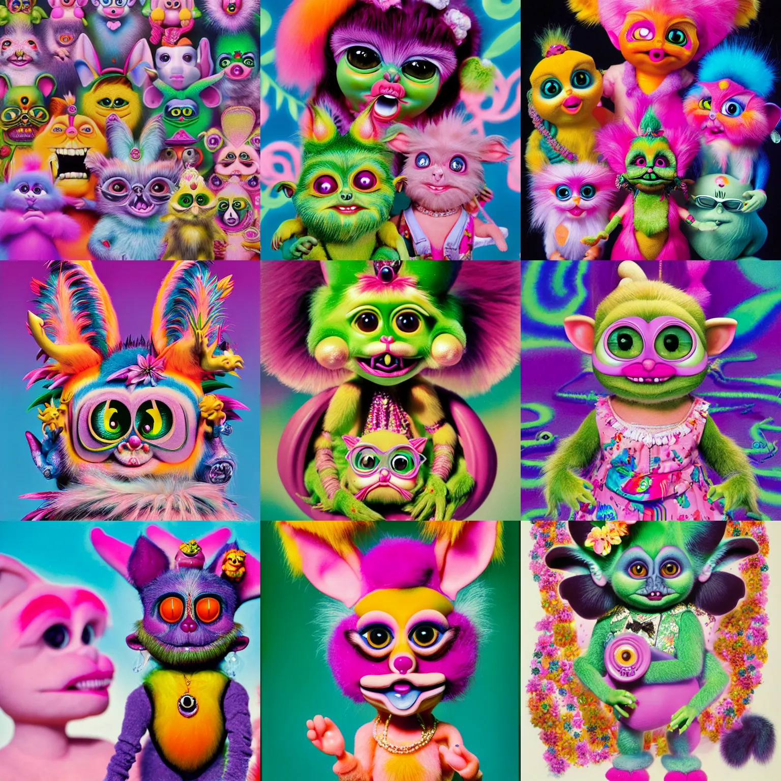 Prompt: hyperreal hindu furby rat fink barbie kewpie dragon dog god troll doll, kawaii high definition lifelike portrait art on 35mm film by Lisa Frank and Otto Dix